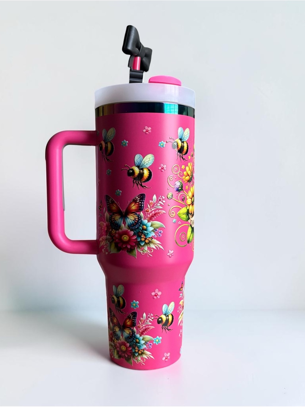 NEW 40 oz Pink Floral Bee Butterfly Tumbler with Handle & Bow - Picture 3 of 4